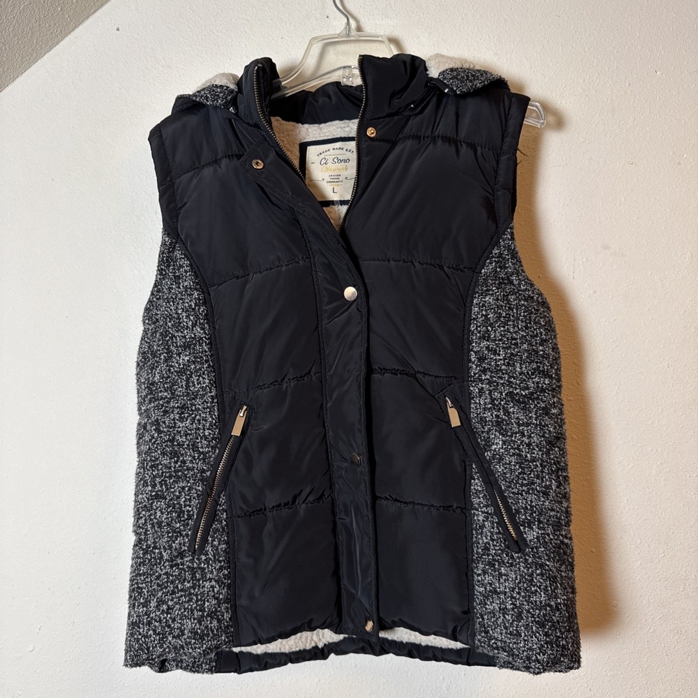 Ci Sono Black Puffer Sherpa Lined Vest Tweed Sides Hooded Zip Pockets Women L